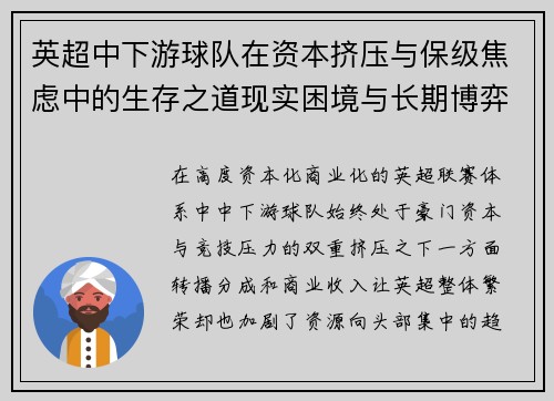 英超中下游球队在资本挤压与保级焦虑中的生存之道现实困境与长期博弈 英超中下游球队在资本挤压与保级焦虑中的生存之道现实困境与长期博弈